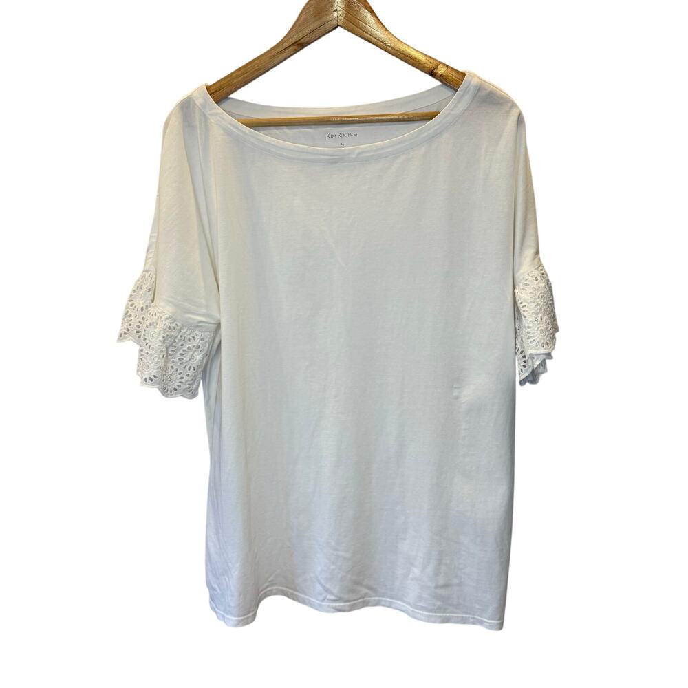Kim Rogers White Top XL Womens Eyelet Sleeve Boat Neck Casual Cotton